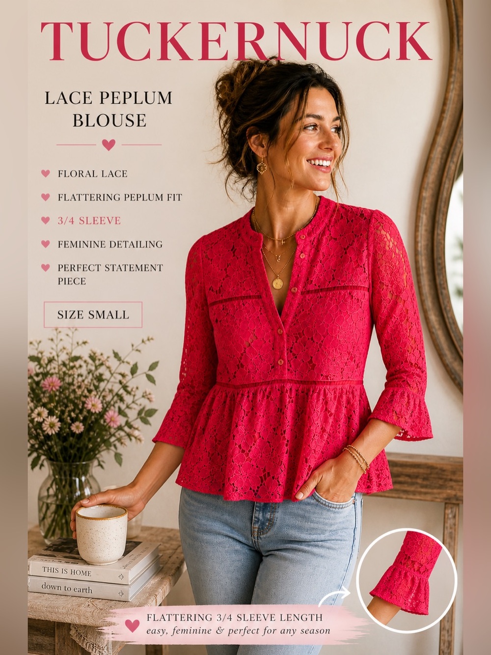 TuckerNuck Red Lace Peplum Blouse 3/4 Sleeve Small Statement Top
